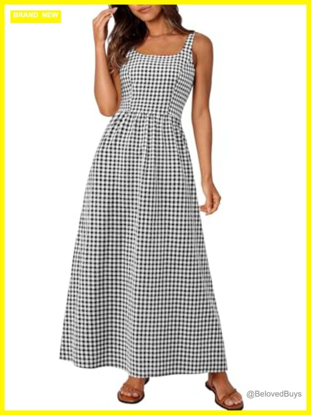 Women's Summer Gingham Maxi Dress Sleeveless Square Neck Smocked Back Flowy